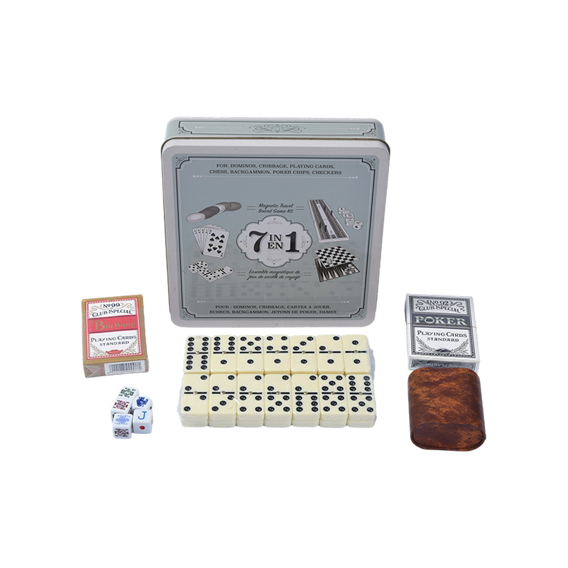 Ensemble de jeu de voyage 7 en 1 avec boîte en fer portable