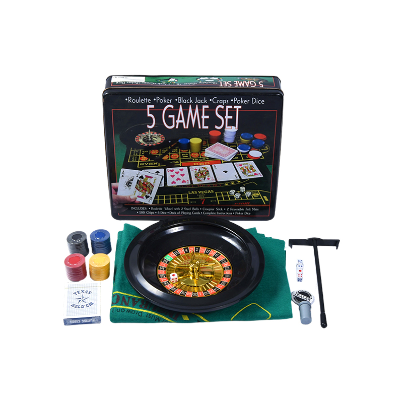 Ensemble de jeux de casino 5 en 1 – Roulette, Poker, Black Jack, Craps, Dés de poker dans une boîte en métal