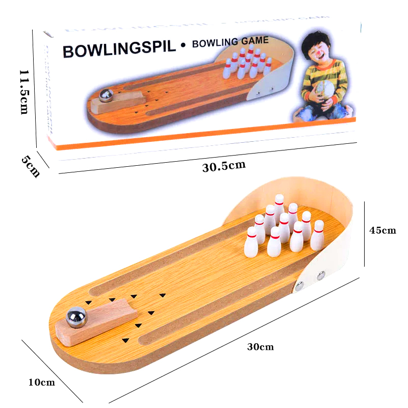 Ensemble en bois compact avec boule en acier et quilles, mini jeu de bowling de bureau