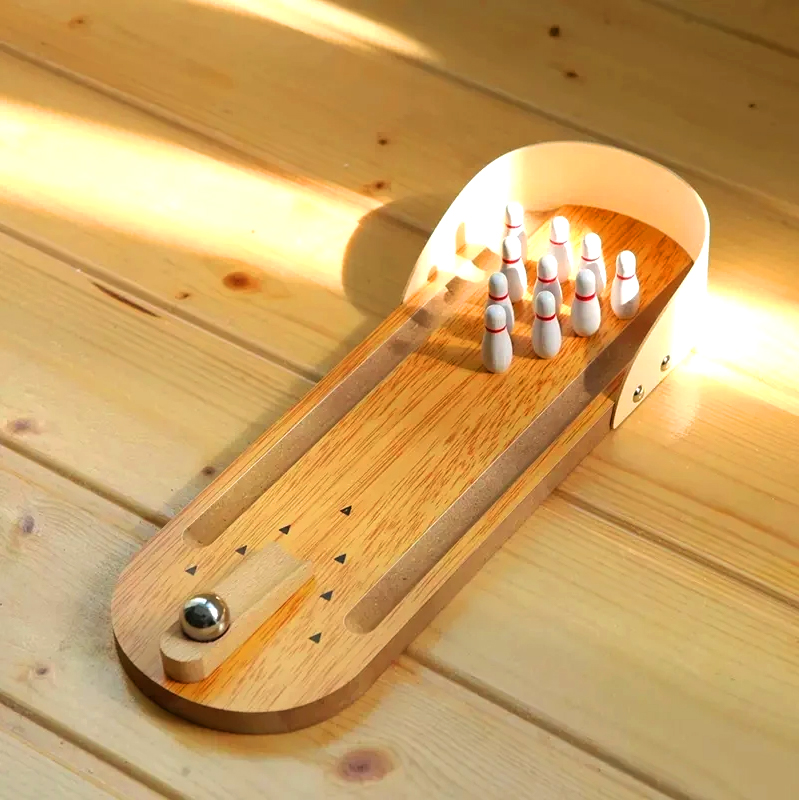 Ensemble en bois compact avec boule en acier et quilles, mini jeu de bowling de bureau