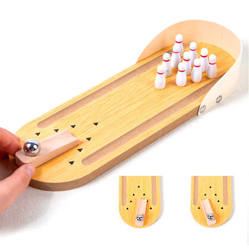 Ensemble en bois compact avec boule en acier et quilles, mini jeu de bowling de bureau