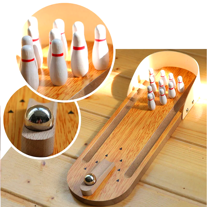 Ensemble en bois compact avec boule en acier et quilles, mini jeu de bowling de bureau